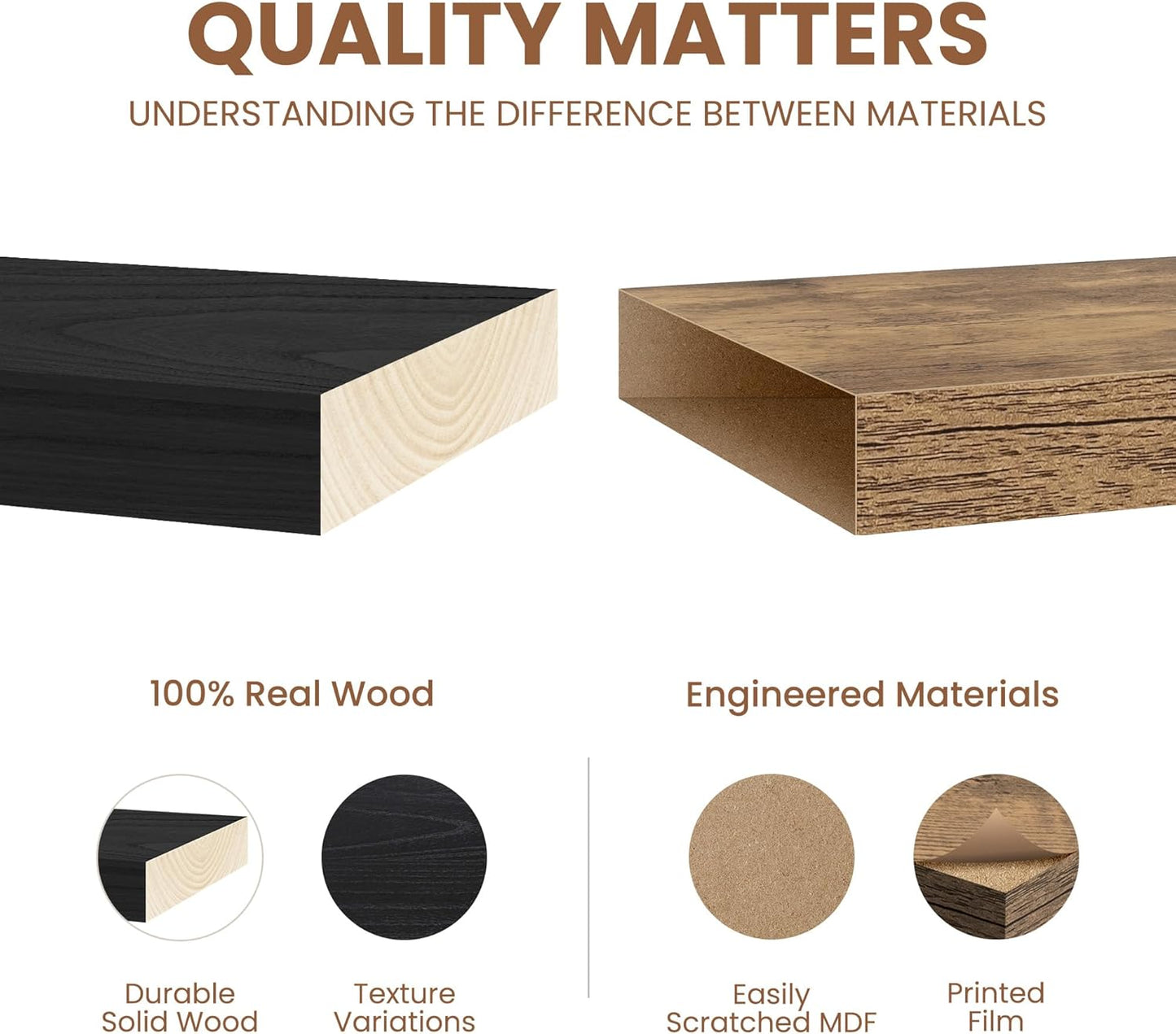 Floating Shelves for Wall, Real Wood Floating Shelf Set of 2, 8 Inch Deep Floating Shelves, Rustic Wood Wall Shelf for Home Decor, Deep Storage Shelves for Bathroom, Kitchen, 16"W x 8"D, Black Color