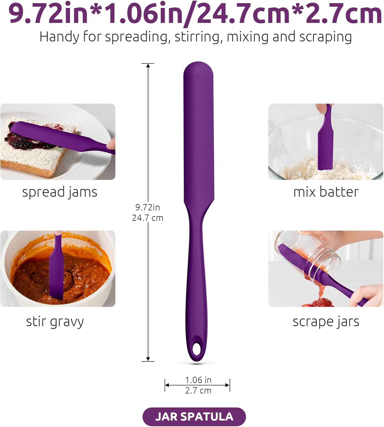 U-Taste Skinny Silicone Jar Spatula: 600ºF Heat-Resistant Food-Grade 10in Long Narrow Sourdough Stirring Stick, Seamless Flexible Peanut Butter Spreader for Scraping Icing Bread Cream, Jam (Purple)