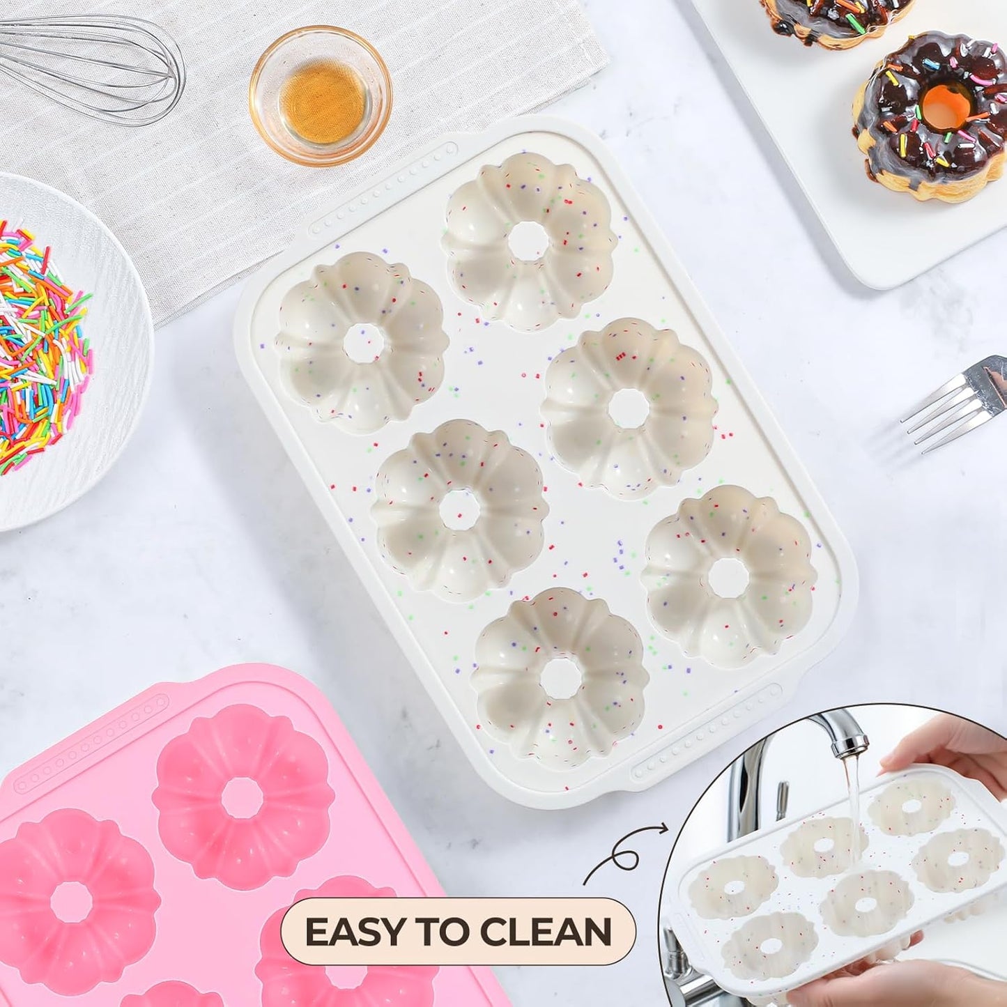 Mini Bundt Cake Pans for Baking, 2Pcs Silicone 6-Cavity Fluted Tube Cake Pan with Metal Reinforced Frame, Nonstick Baking Molds for Cupcake, Brownie, Donuts, Cornbread, Jello