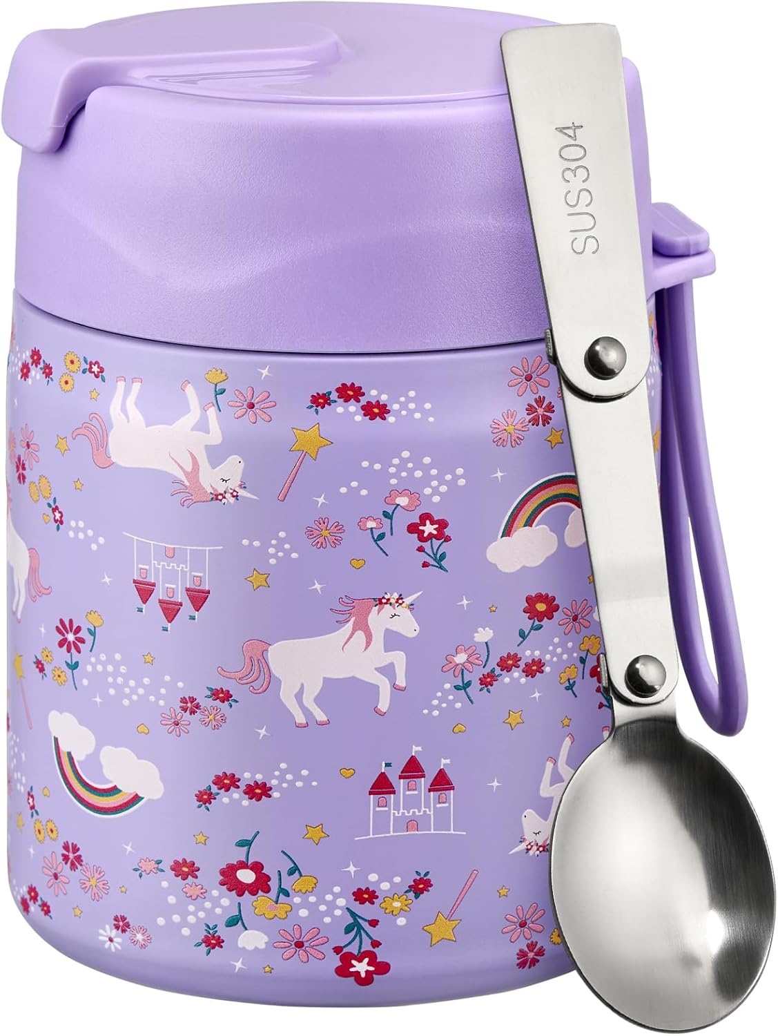 17oz Soup Thermo for Hot Food Kids Insulated Vacuum Food Jar with Stainless Steel Spoon Wide Mouth Thermo Leakproof Lunch Food Container Kids Hot Lunch Box (Purple-Horse)