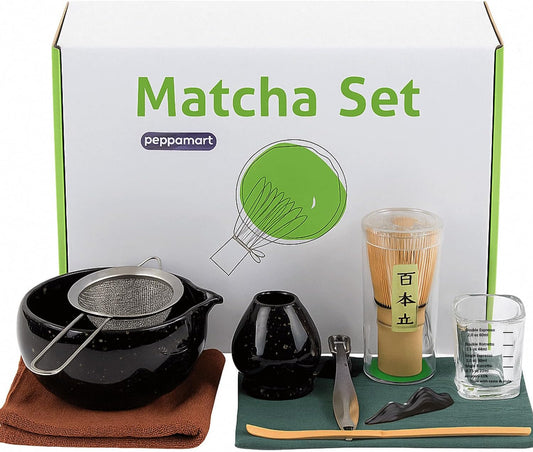 10 Pcs Matcha Whisk and Bowl Set – Traditional Black Matcha Tea Set with Bamboo Accessories – Japanese Style Matcha Set – Ideal Macha kit Set Gift