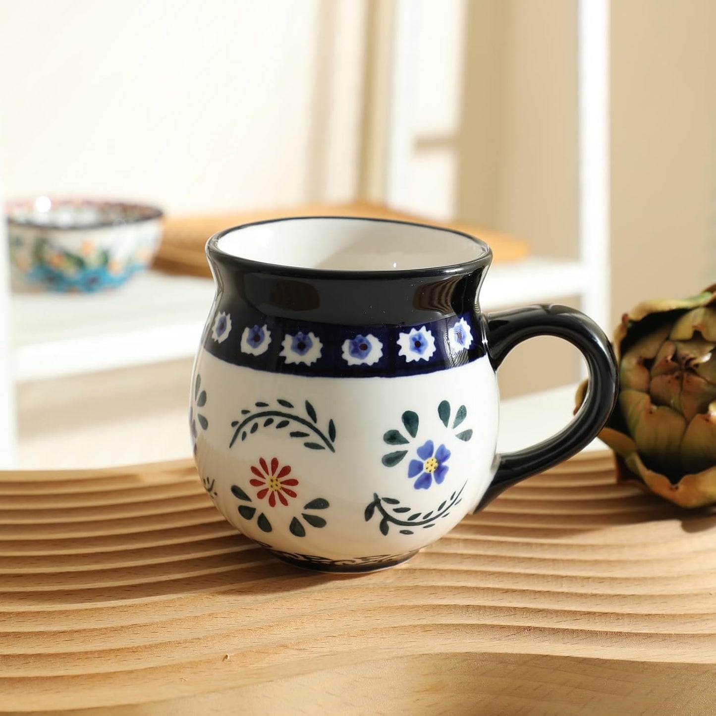 ALMA Handpainted Blue Coffee Mug,Potbelly Ceramic Coffee Mug, Premium Hand Warmer Tea Mug, Microwave & Dishwasher safe-12.85oz(380ml)