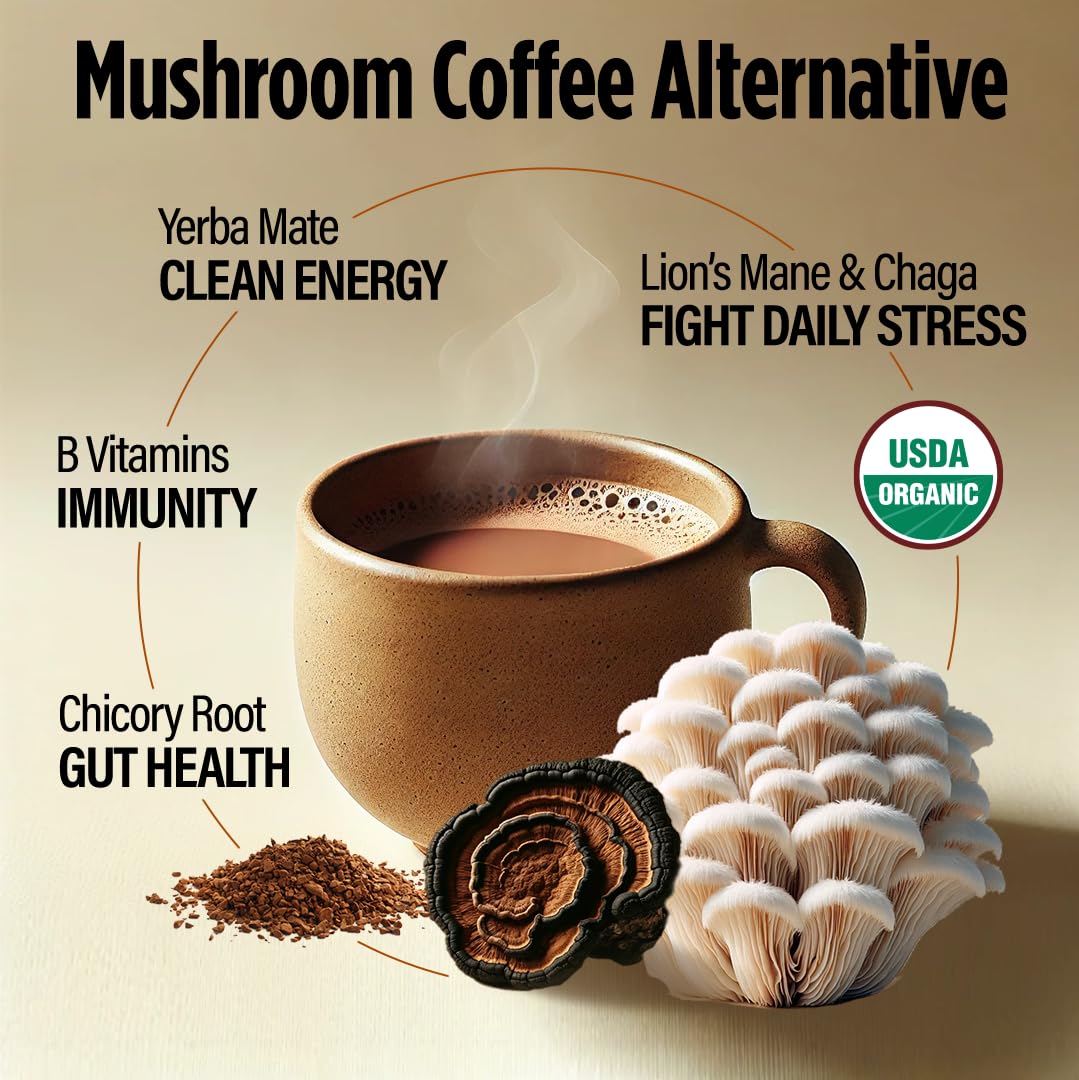 VitaCup Mushroom Coffee Alternative Instant Drink Mix | Mushroom Coffee Substitute for Natural Energy & Focus | Lion’s Mane, Yerba Mate, & Chaga | Cacao, Cinnamon, & B Vitamins | 3 Bags, 90 Servings