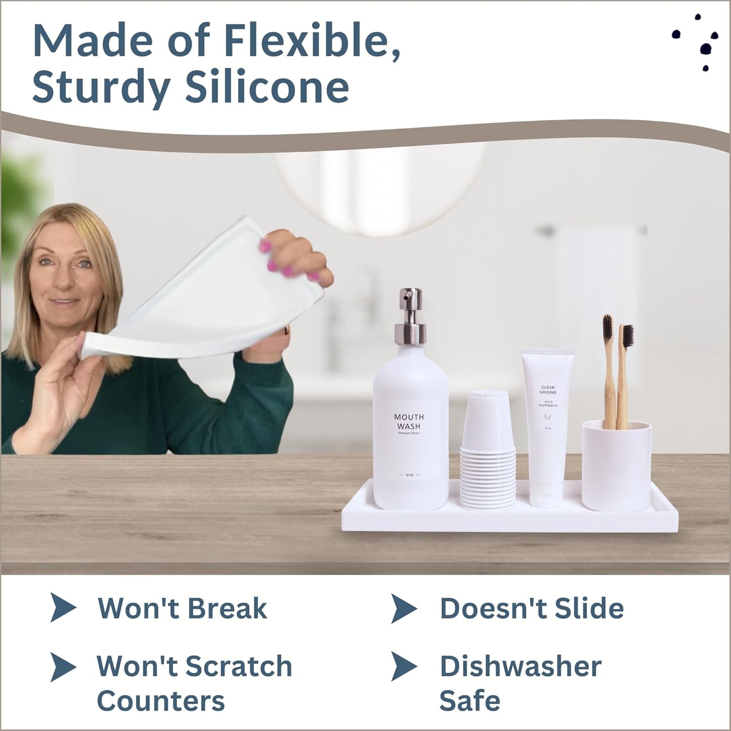 Countertop and Vanity Tray - 11.7" Silicone Bathroom Tray Countertop, Dish Soap Trays for Kitchen Counter, Bathroom Counter Organizer Accessories Caddy, Shower Trays Makeup Mat Oil, White