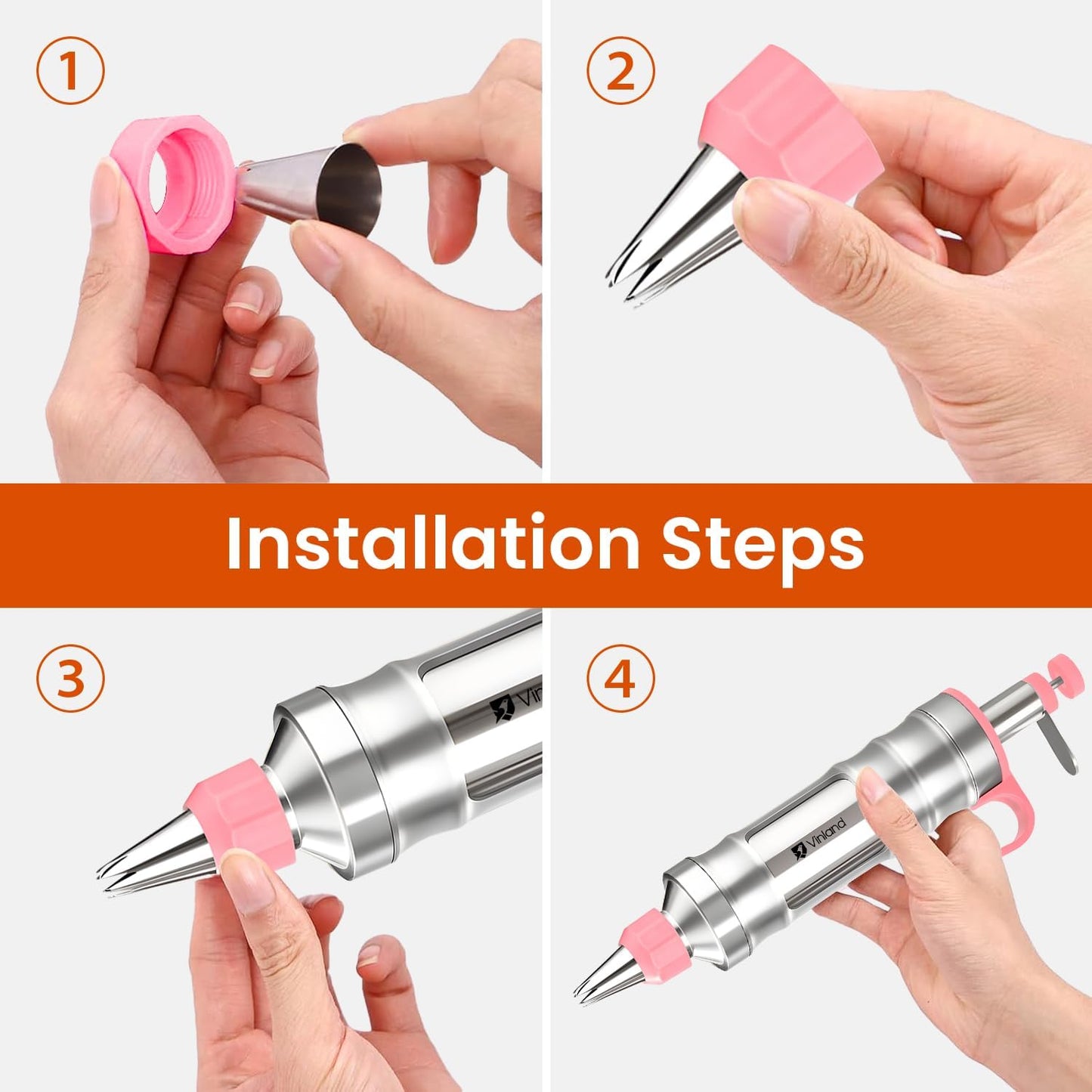 Dessert Decorating Syringe Set Icing Piping Kit Frosting Piping Kit Stainless Steels Cake Decorating Kit with 10 food grade stainless steel piping tips & 50 Disposable Piping Bags, Pink