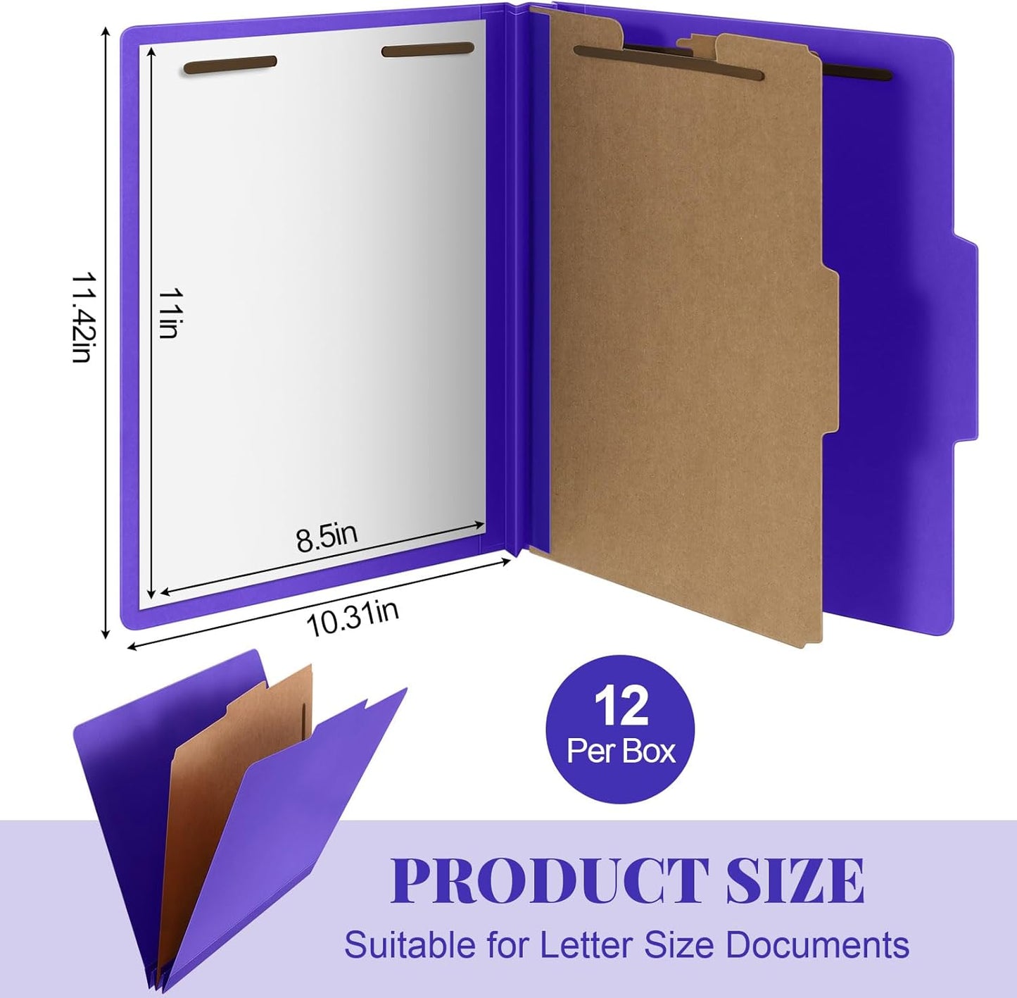 12 Pcs Classification Folders Letter Size, Back to School Supply for Teacher, Student, 1 Divider Pressboard File Folder Bulk with 2 Fasteners, 3.5 Inch Expanding File Organizer (Purple)