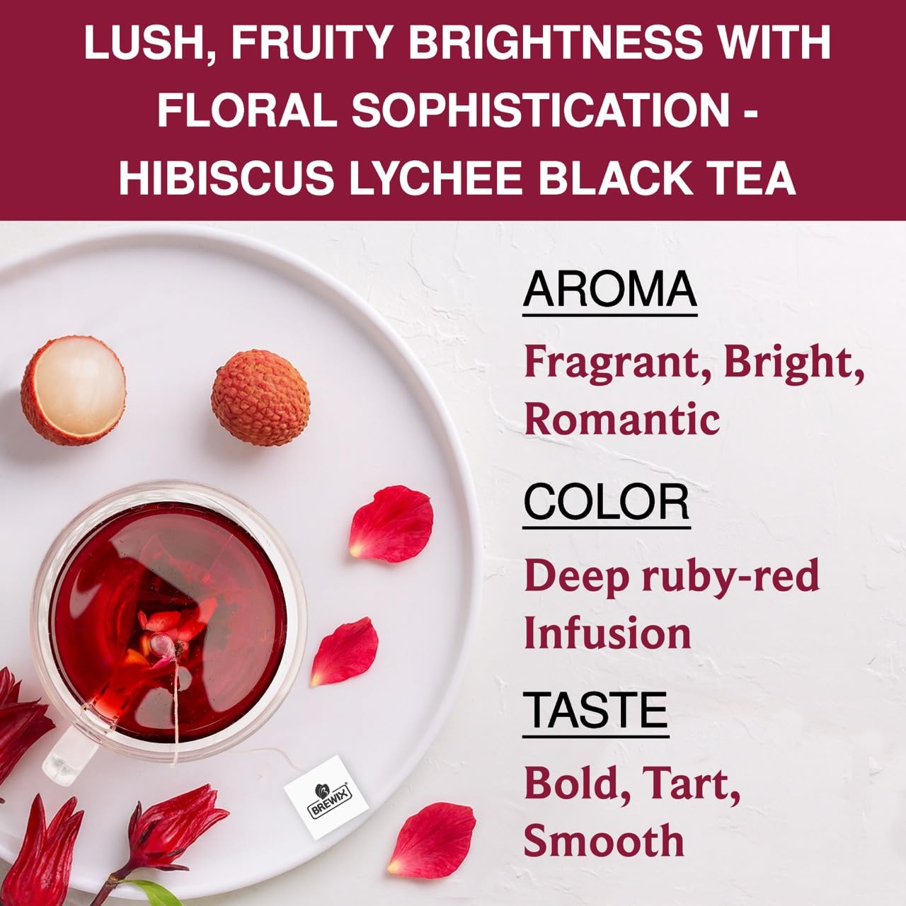 BREWIX, Hibiscus Lychee Tea Bags (25 Plant Based Tea Bags) Caffeine-Free, Made with Real - Hibiscus Flowers, Black Tea, Rosehip, Apple, Licorice, Rose | Contains Antioxidants & Support Overall Health