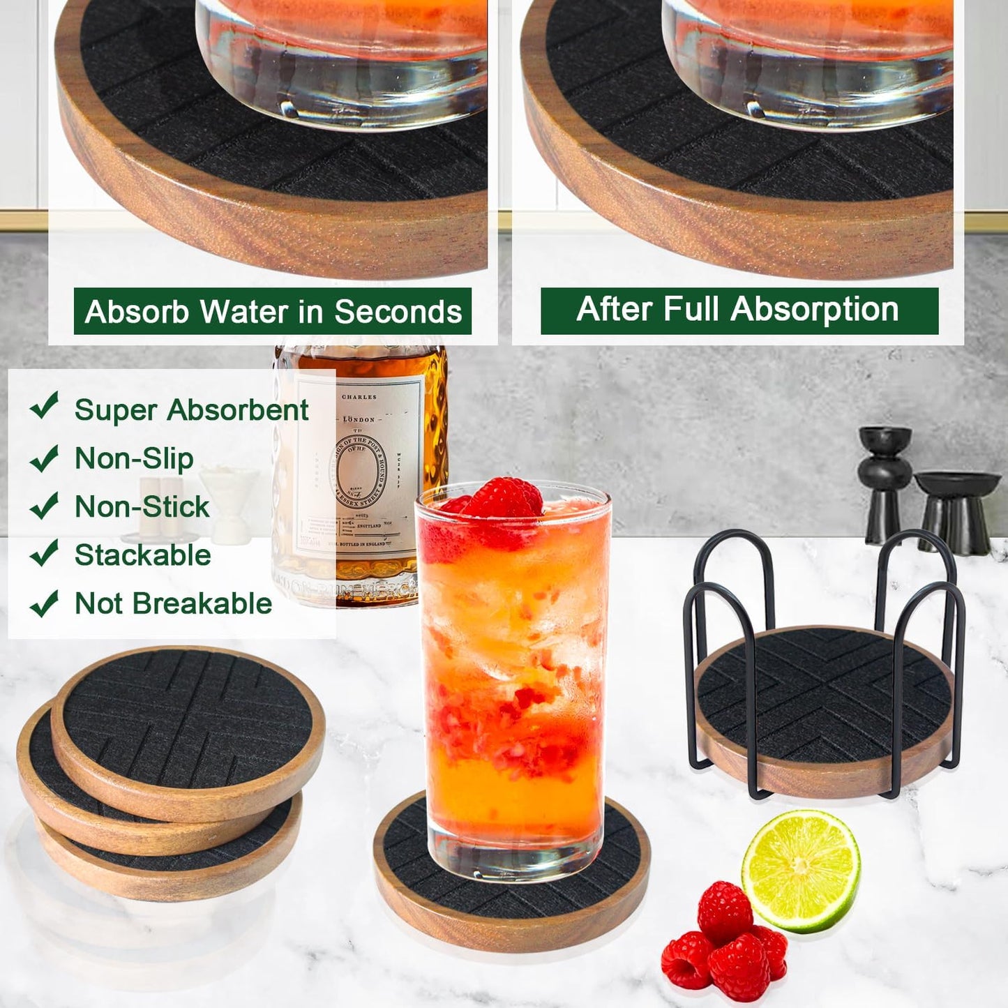 Wood Coasters with Felt Pads, Non-Slip, Non-Stick - 5 Pack Absorbent Coasters for Coffee Table with Holder, Suit for Kinds of Cups 4.3 inch (Black Series)