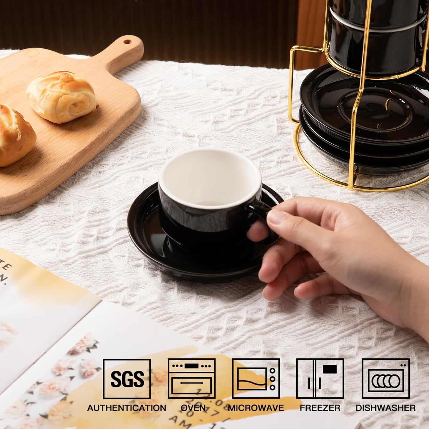 Sweejar Porcelain Espresso Cups with Saucers, 4 Ounce Stackable Cappuccino Cups with Metal Stand for Coffee Drinks, Latte, Tea - Set of 4 (Black Gold Stand)