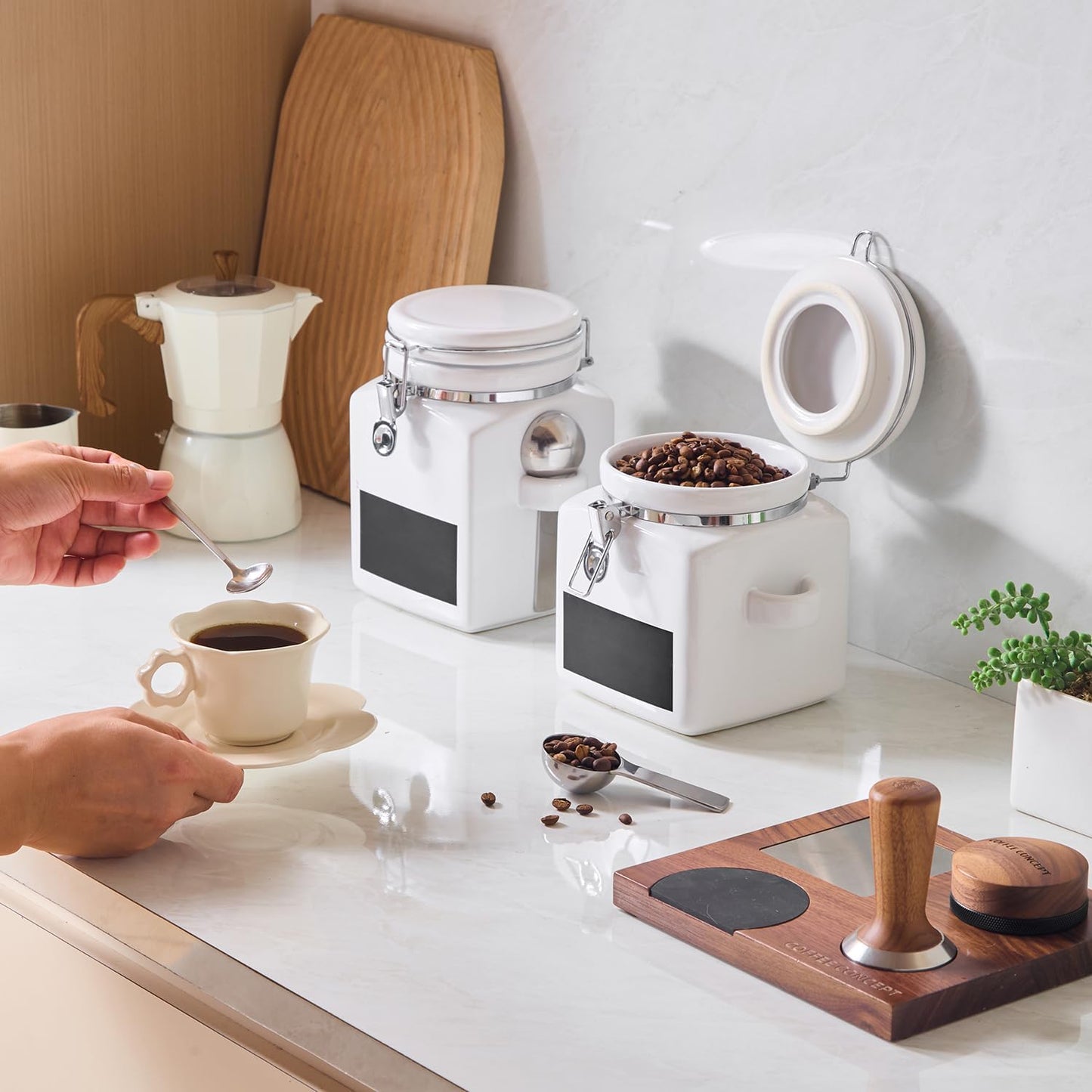 Ceramic Coffee Canister with Airtight Lid and Scoop, Large 74 Fl Oz / 2.2 L Kitchen Food Storage Container Jar for Grounds Coffee, Beans, Tea, Sugar, Flour, Cereal, Nuts, Cookie, White