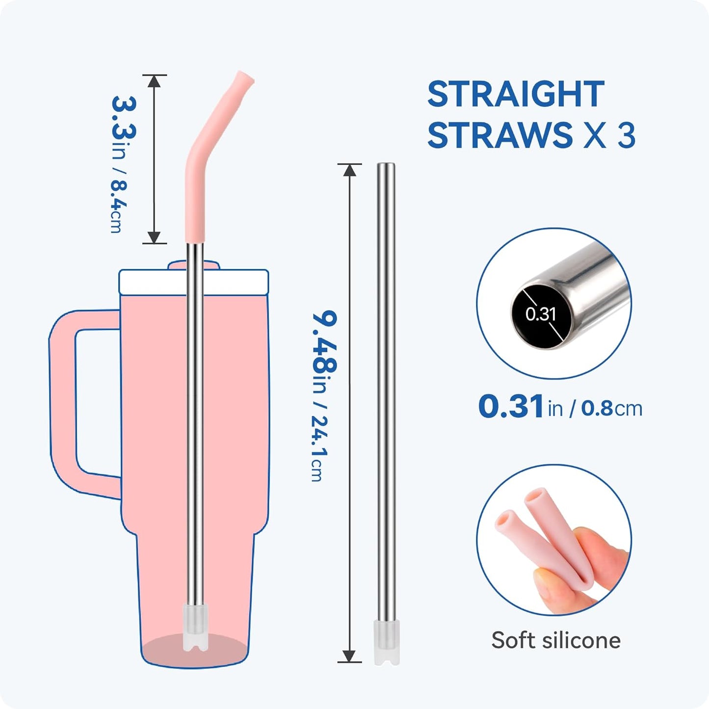 Reusable Metal Straws with Silicone Tip for Stanley 30oz,Stainless Steel Drinking Straws for 30oz Tumbler,3 Straight Tubes & 6 Tips& 1 Cleanr Brush(Chili)