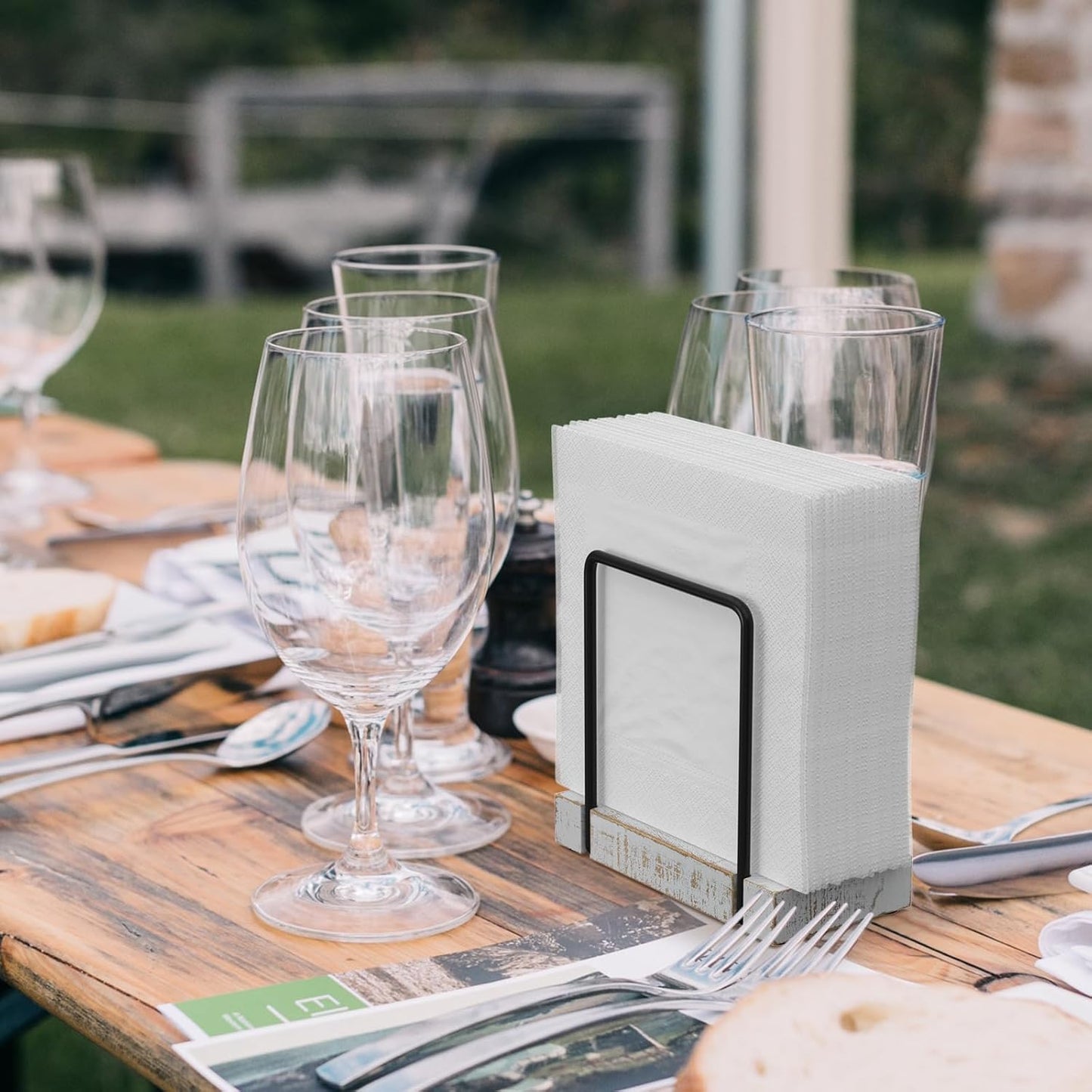 Napkin Holder for Table, Wood Iron Standing Napkin Dispenser for Dining Table Farmhouse Cocktail Picnic Rustic Wood Holders All Kitchen Dining Room Decor Black & Farmhouse White