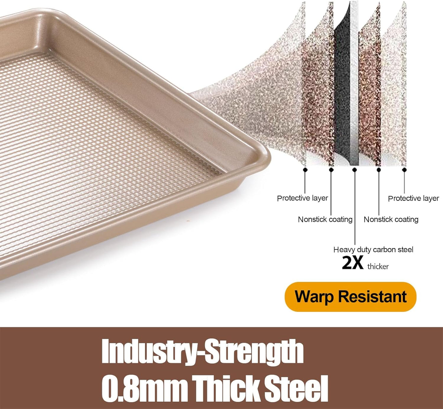 Cookie Sheets for Baking Nonstick, 2 Pack Heavy Duty 0.8mm Baking Sheet Pan Set Quarter(9x13in) & Jelly Roll(10x15in) with Diamond Texture, Gold Commercial Grade, Small Oven Safe