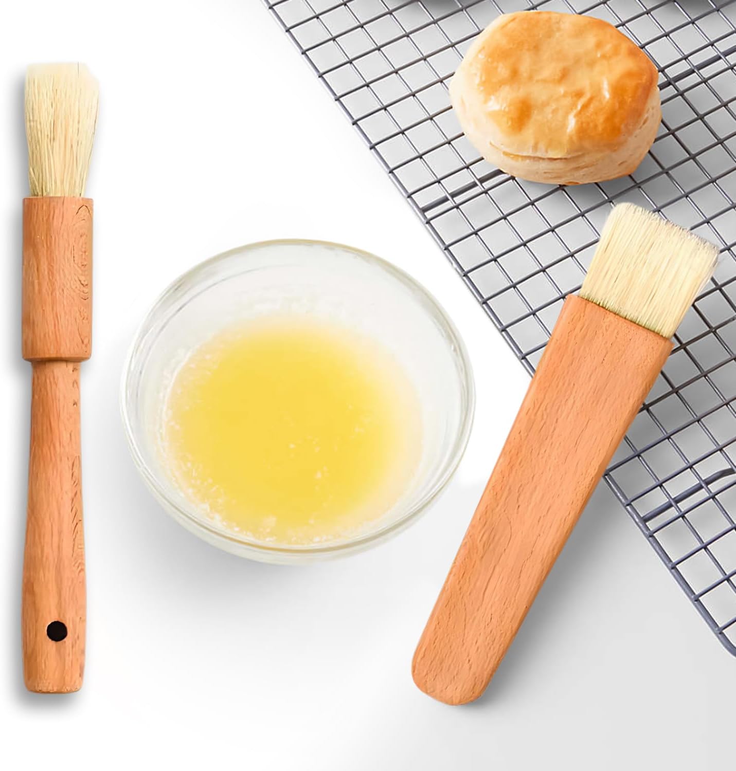 ANGEL’S PEEL LOUNGE Pastry Brush for Baking - Basting Brush with Wooden Handle Flat and Round Heads - Food Brushes for Cooking - Best for BBQ, Egg, Butter, Oil and Sauce – 2 PCS