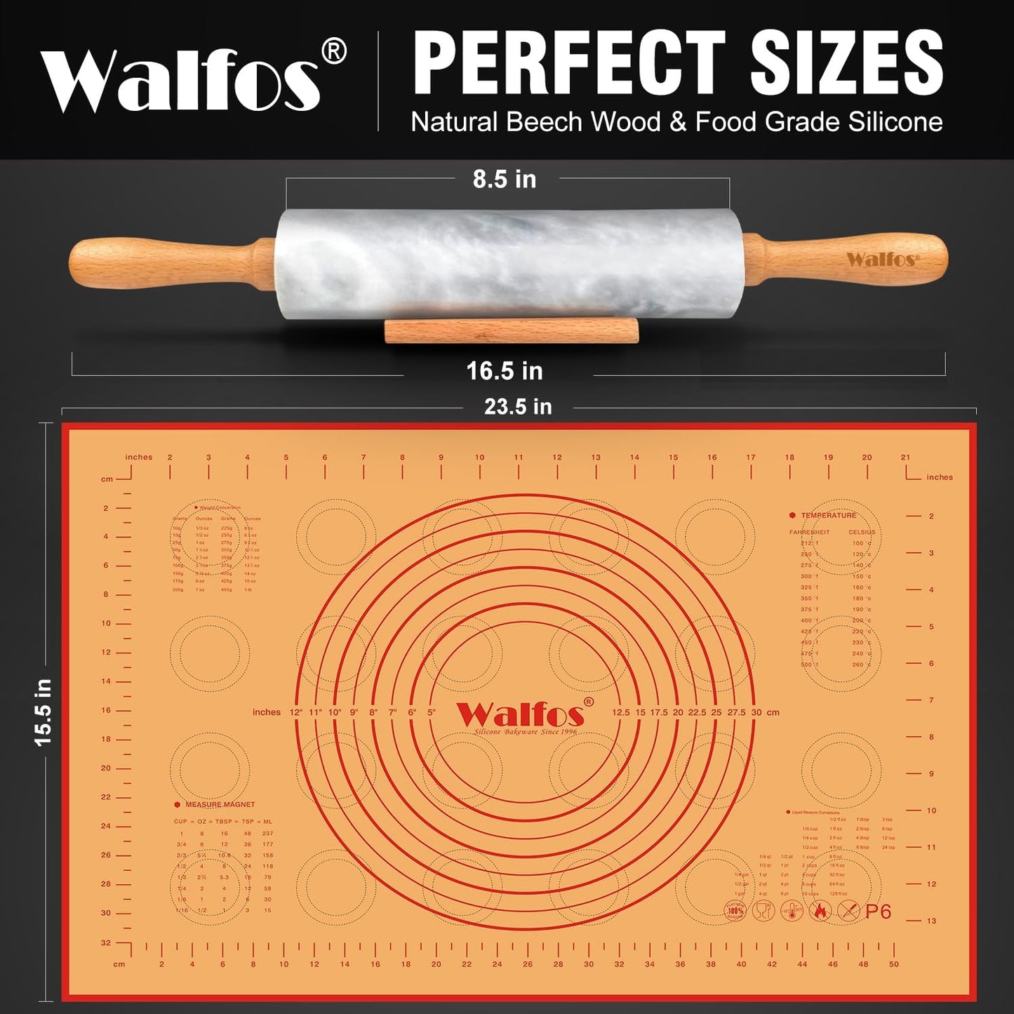 Walfos Marble Rolling Pin Set With Non Stick Silicone Pastry Mat, 16.5 Inch Dough Rolling Pins For Making Pizza, Tortillas And Cookies, Backing Rolling Pin For Pie Crust, Pizza, Pasta (Gray & White)