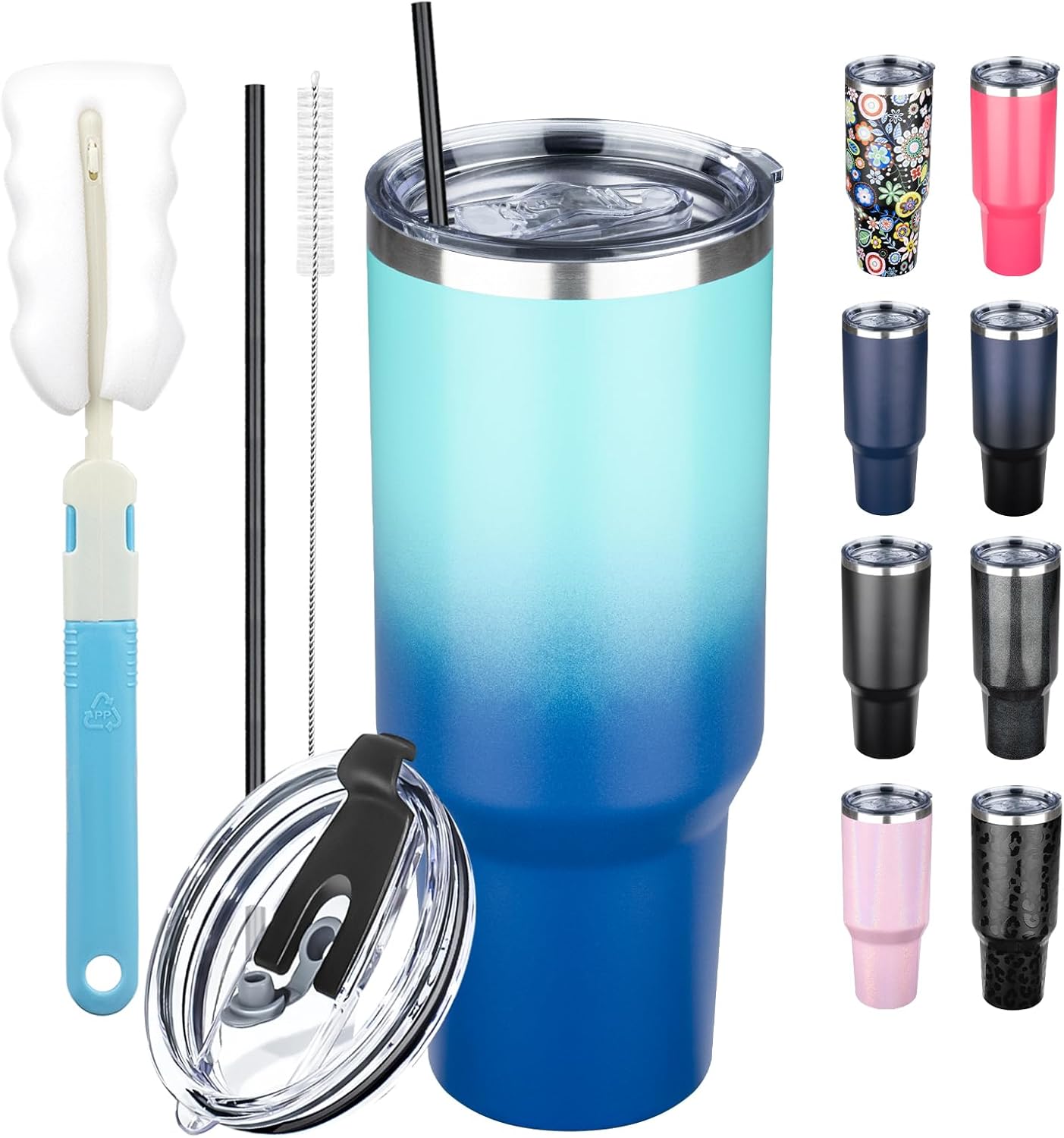 40 oz Tumbler with Lids and Straws, Stainless Steel Insulated Coffee Tumbler, Double Wall Vacuum Insulated Travel Mug Cup, Leakproof Thermal Coffee Cup for Hot and Cold Drink (Light Dark Blue)