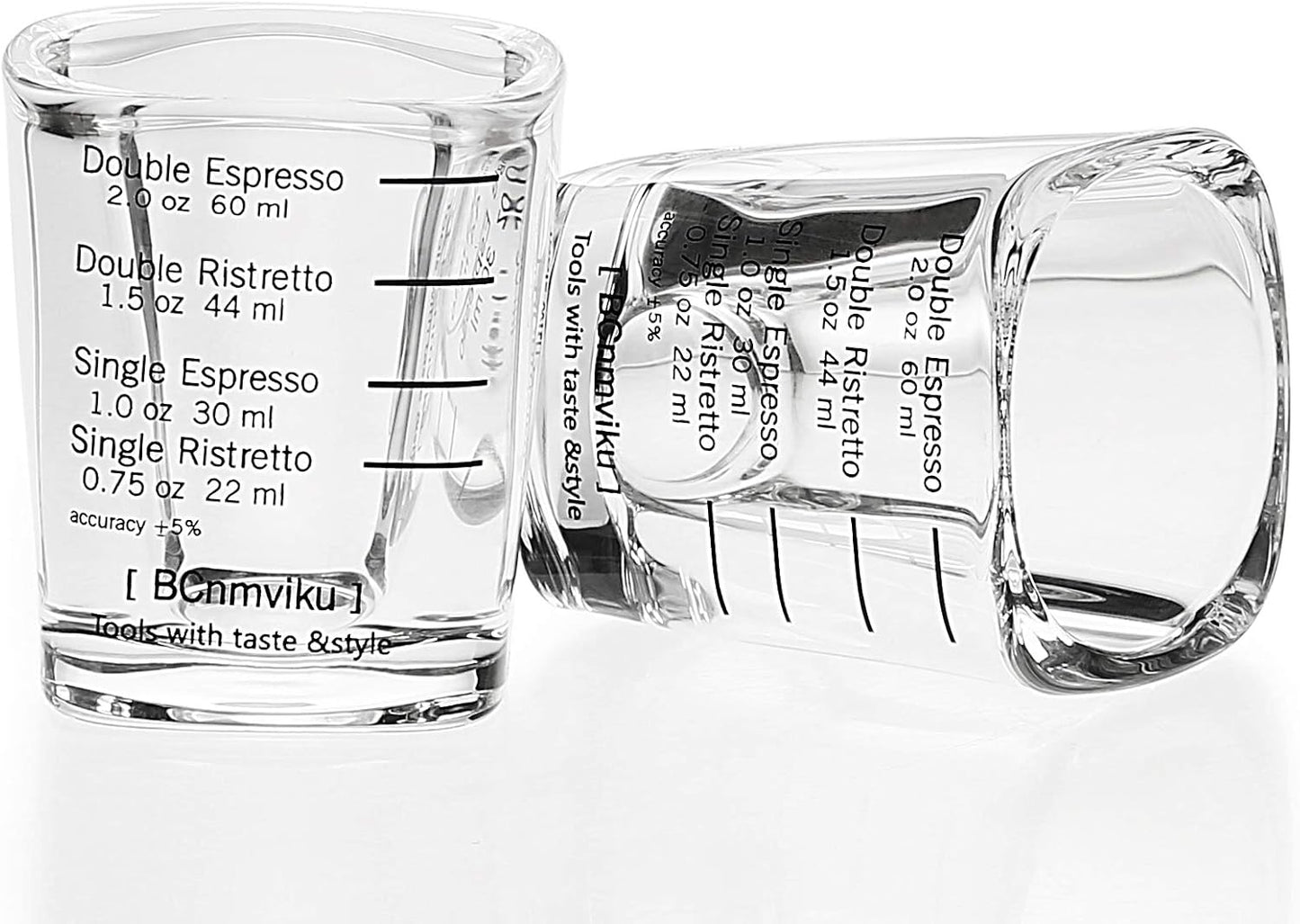 BCnmviku Espresso Shot Glasses Measuring Cup Liquid Heavy Glass for Baristas 2oz for Single Shot of Ristrettos (2 pack)