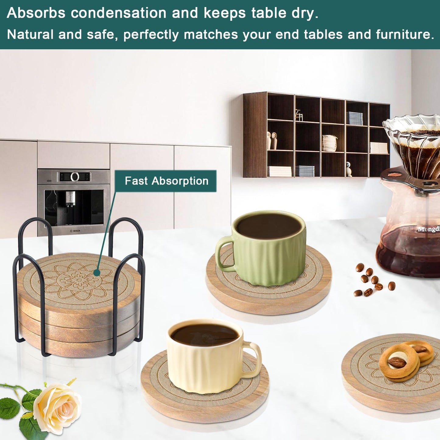 Wood Coasters for Drinks Housewarming Gifts for Home Decoration Coasters Sets of 6 Absorbent Coasters with Holder Funny Coasters for Coffee Tabletop Protection 4.3 Inch Beige, CRB6-B004