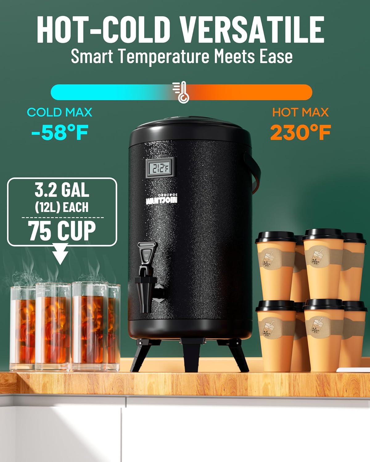 WantJoin Insulated Beverage Dispenser - Thermal 12L/3.2Gal Stainless Steel Hot & Cold Drink Dispenser with Spigot for Tea, Coffee, Milk, Water & Juice (Black)