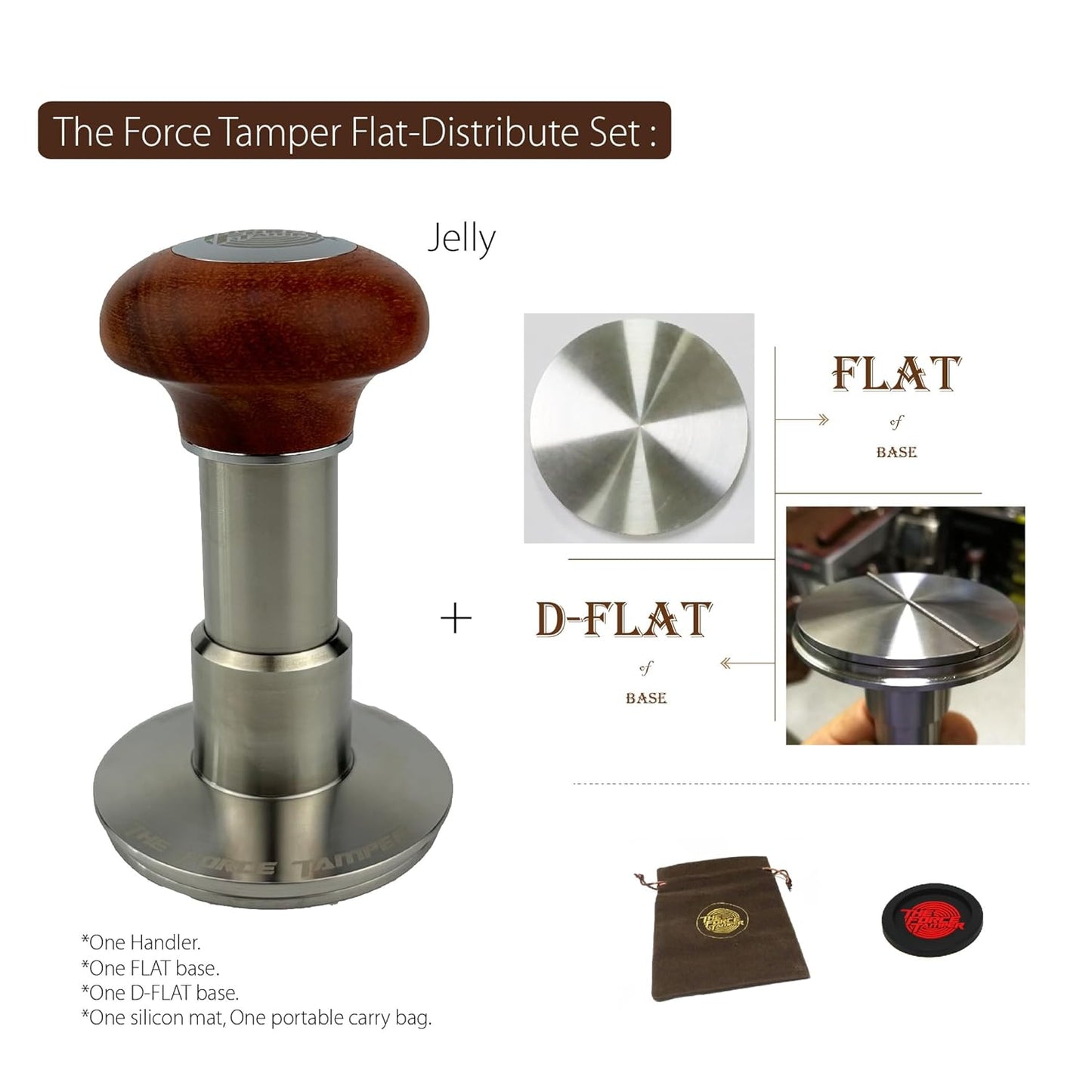 The Force Tamper Automatic Impact Adjustable Constant Pressure and Autoleveling Coffee Tamper Reddish Brown Jellyfish Wooden Handle Set Pro (Flat-Distribute Set, 58.35mm)