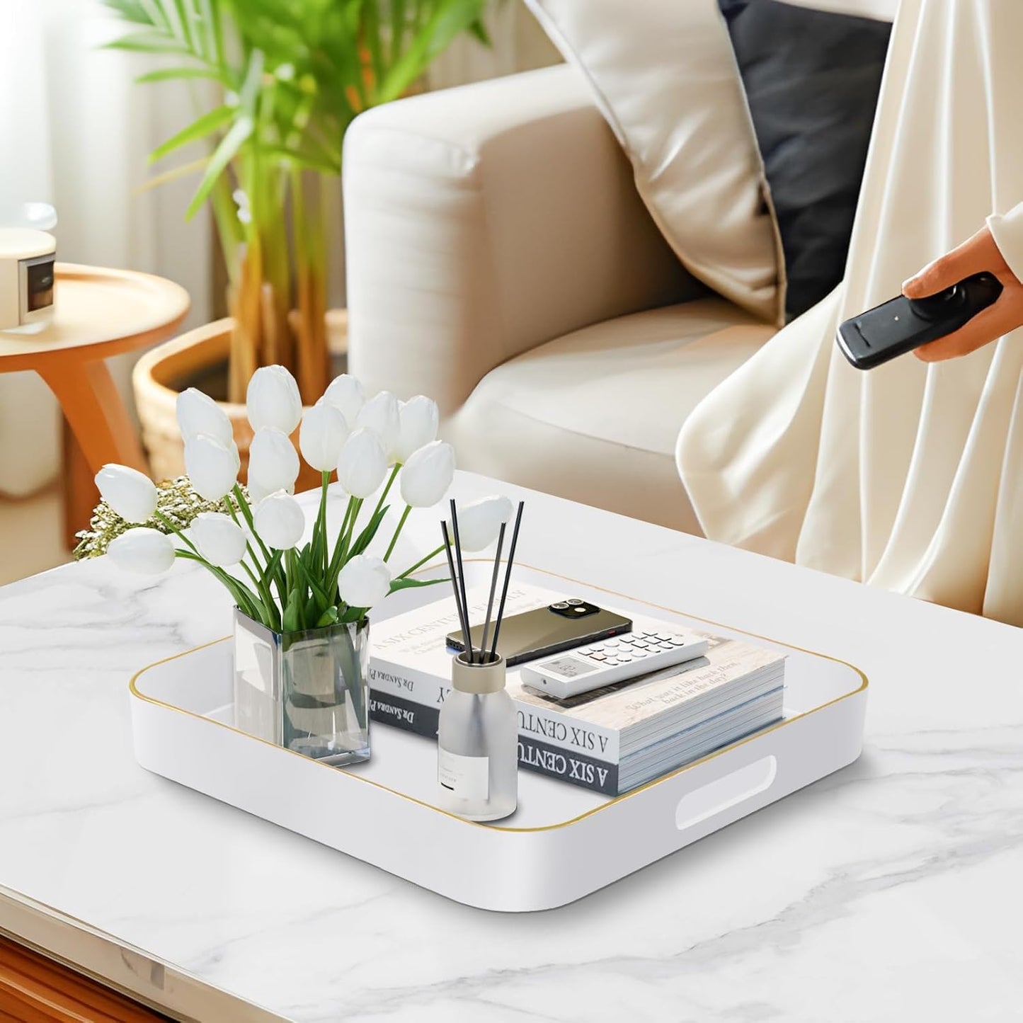 MAONAME 13" White Decorative Tray, Serving Tray with Metal Handles, Square Plastic Trays for Ottoman, Modern Coffee Table Trays for Living Room, Bathroom