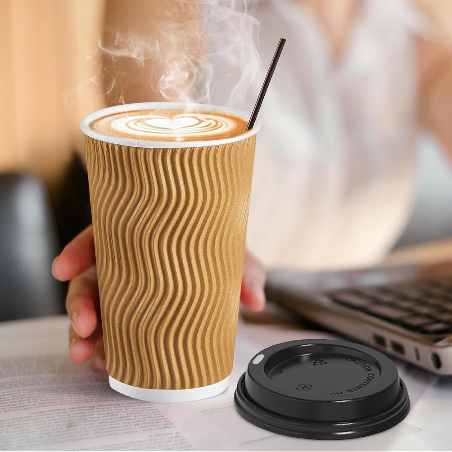 80 Pack 16 OZ Disposable Coffee Cups with Lids and Straws, Insulated Paper Coffee Cups with Lids, Corrugated Ripple Wall To Go Cups for Hot Drink, Coffee, Hot Chocolate, Water, Juice - Champagne
