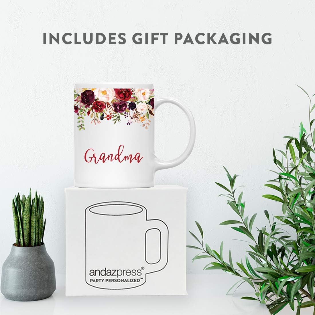 Andaz Press 11oz. Mother's Day Ceramic Coffee Tea Mug Gift, Fall Autumn Marsala Burgundy Flowers Roses Florals, Grandma, 1-Pack, Includes Gift Box, Birthday Christmas Gift Ideas