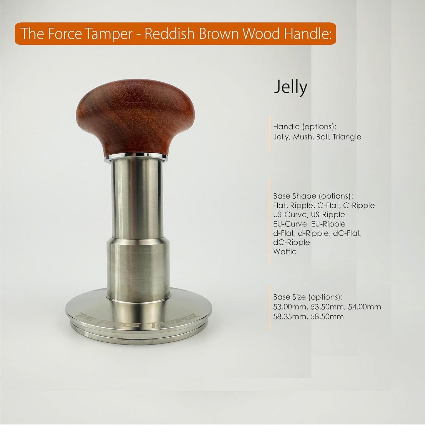 The Force Tamper Automatic Impact Adjustable Constant Pressure and Autoleveling Coffee Tamper Reddish Brown Jellyfish Wooden Handle Set Pro (Full-Set, 58.35mm)