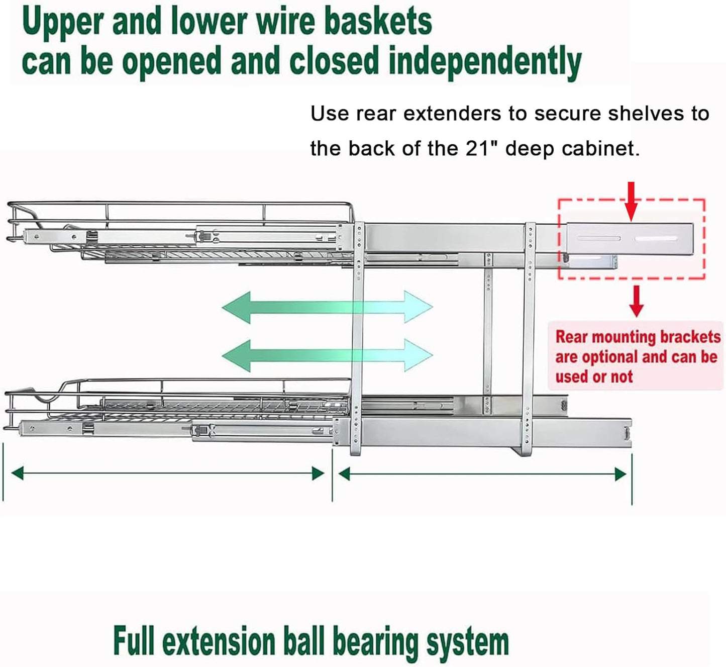DINDON 2 Tier Pull Out Cabinet Organizer (20" W X 18" D), Double Tier Wire Basket Slide Out Shelf Storage for Kitchen Base Cabinet Organization for Kitchen, Pantry, Bathroom, Chrome