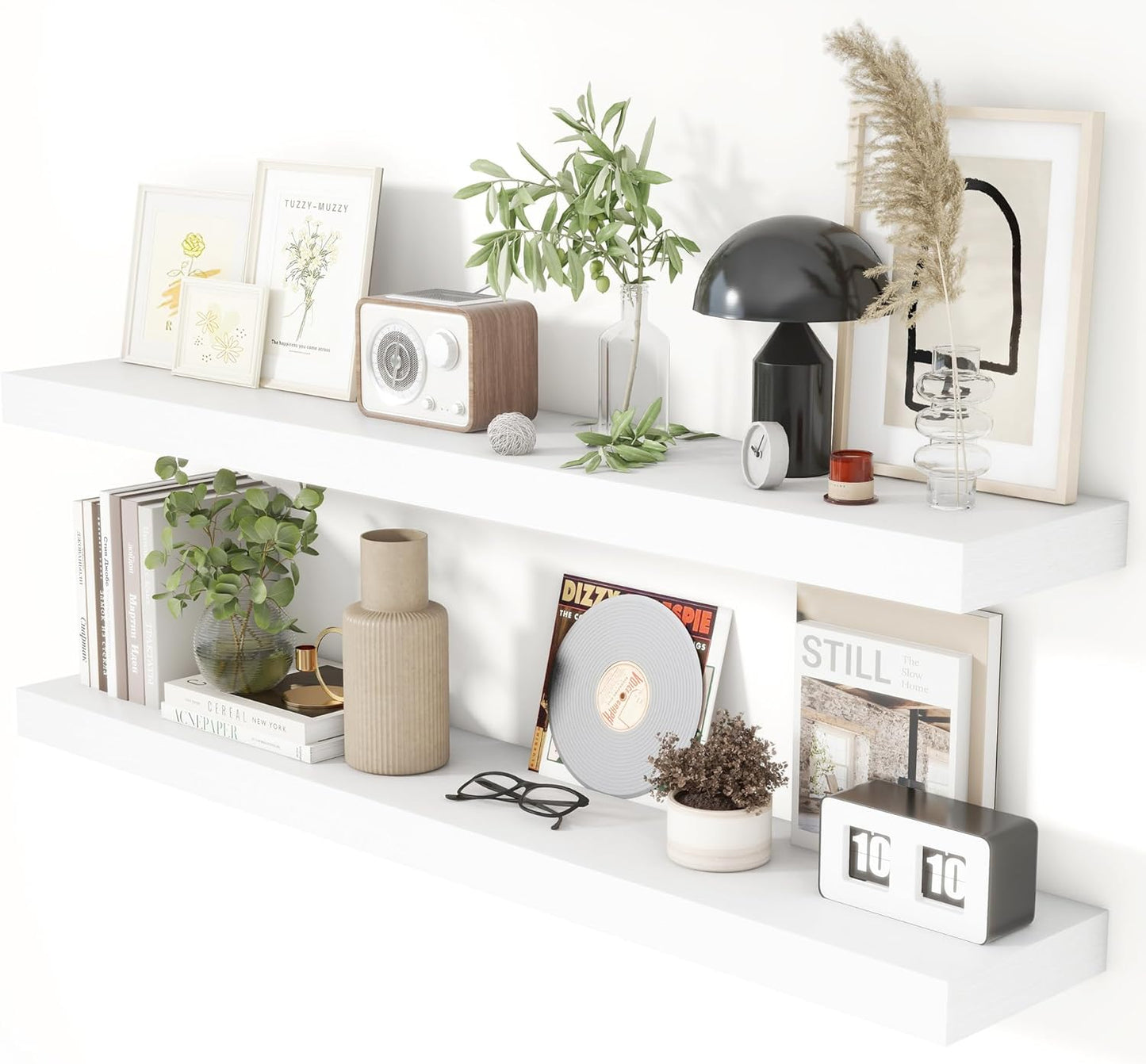 Heimlove 48 Inch Floating Shelves for Wall 8 Inch Deep White Shelves Set of 2,Wall Mounted Rustic Wood Long Floating Shelf，Large Display & Storage Shelf with Invisible Brackets