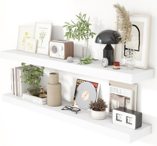 Heimlove 48 Inch Floating Shelves for Wall 8 Inch Deep White Shelves Set of 2,Wall Mounted Rustic Wood Long Floating Shelf，Large Display & Storage Shelf with Invisible Brackets