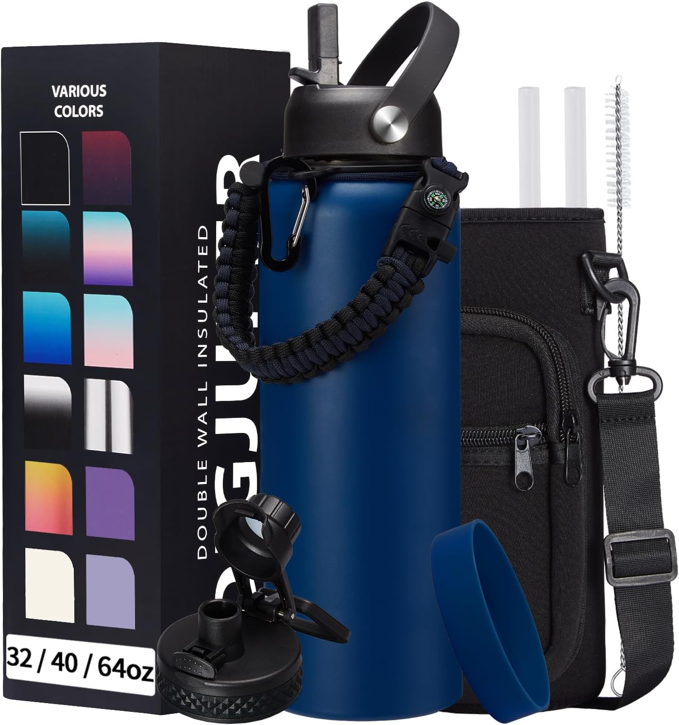 Water-Bottle Insulated 40oz with Straw - Carrying Pouch & Paracord Handle, Leakproof Thermo Metal Bottle Keep Cold 48H Hot 24H, Sport Canteen Stainless Steel Water Bottle for Indoor
