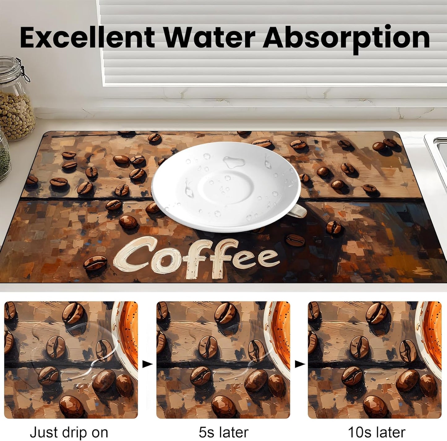 17"x 32" Coffee Bar Mat, Coffee Beans Absorbent Dish Drying Mat Cuttable Hide Stain Draining Table Pad for Kitchen Counter, Coffee Bar Accessories