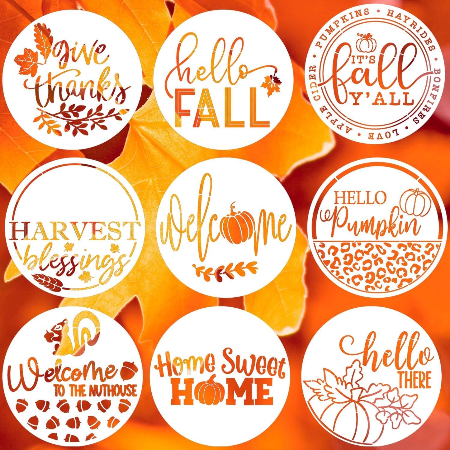 Fall Stencils for Painting on Wood 12”,Thanksgiving Stencil Round Hello Pumpkin Stencils Give Thanks Drawing Templates for Door Porch Hanger Fall Wreath Home Decor