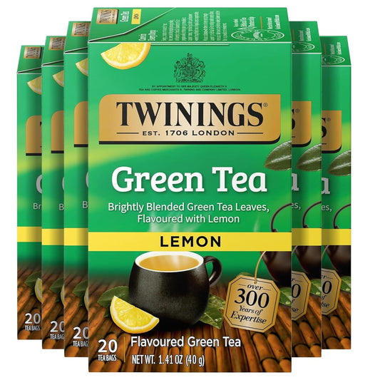 Twinings Green Tea with Lemon Individually Wrapped Bags, 20 Count (Pack of 6), Zesty Citrus Aroma & Flavour, Caffeinated, Enjoy Hot or Iced, 120 Teabags