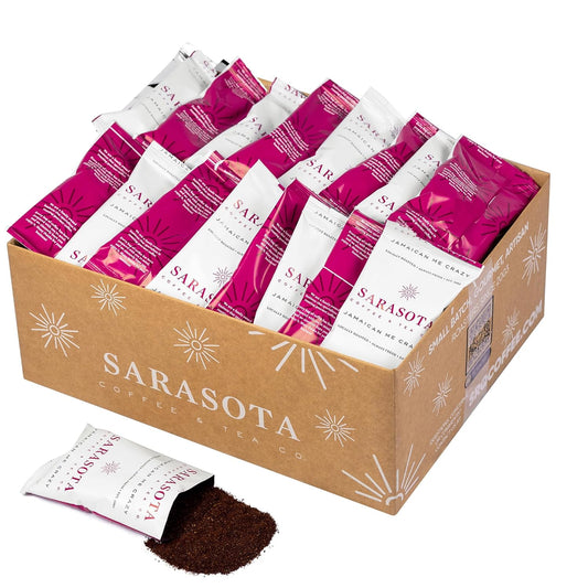 Sarasota Coffee Ground Packets | Gourmet Flavored Medium Roast Bulk Coffee Packs | Jamaican Me Crazy | Low Acid Mold Free Singles Individual Pouches for 12 Cup | 1.5 Ounce Bags, 42 Count