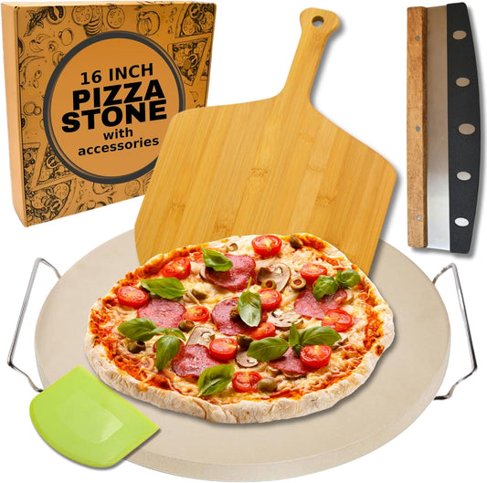 Large Pizza Stone for Oven 16 inch - Round Pizza Stone for Grill with Handles, Wood Pizza Peel and Cutter Set - Baking Stone for Bread - Pizza Making Kit Accessories - Gifts for Food Lovers