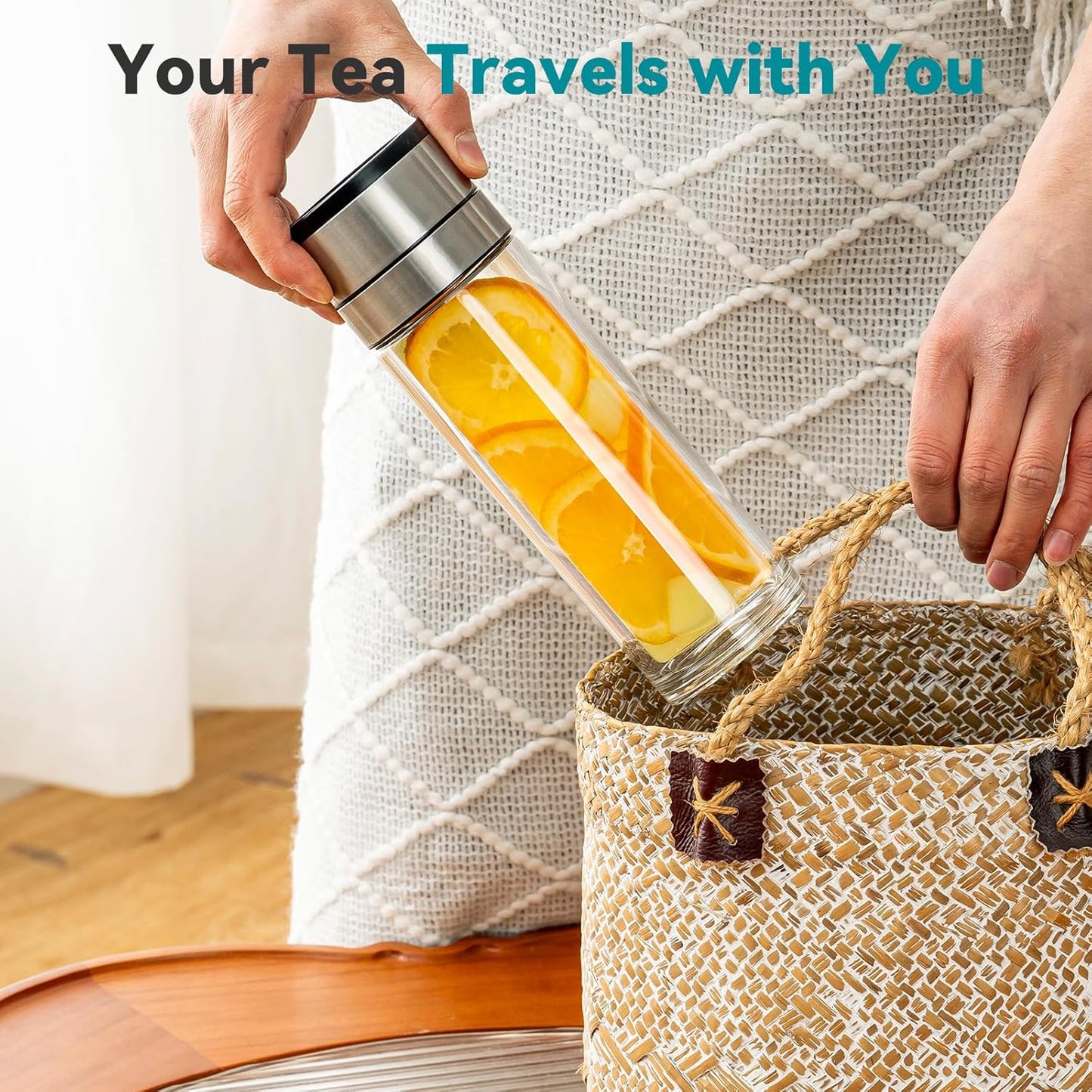 COMI Tea Bottle with Infuser,Double-Wall Glass Travel Mug with One Click Open Lid, Leak Proof Tea Infuser Bottle for Loose Leaf, Fruit & Flower Infused Drinks, Heat & Cold Resistant, Tea Gift Set