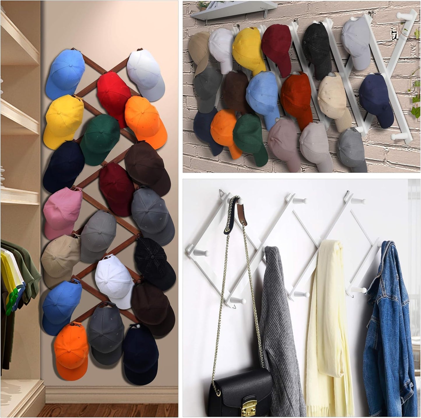 Dseap Accordian Wall Hanger: 16” High Wooden Wall Expandable Coat Rack, Hat Rack Holder, Accordion Hook for Baseball Caps, Coats, Mugs, 13 Peg Hooks, White & Black