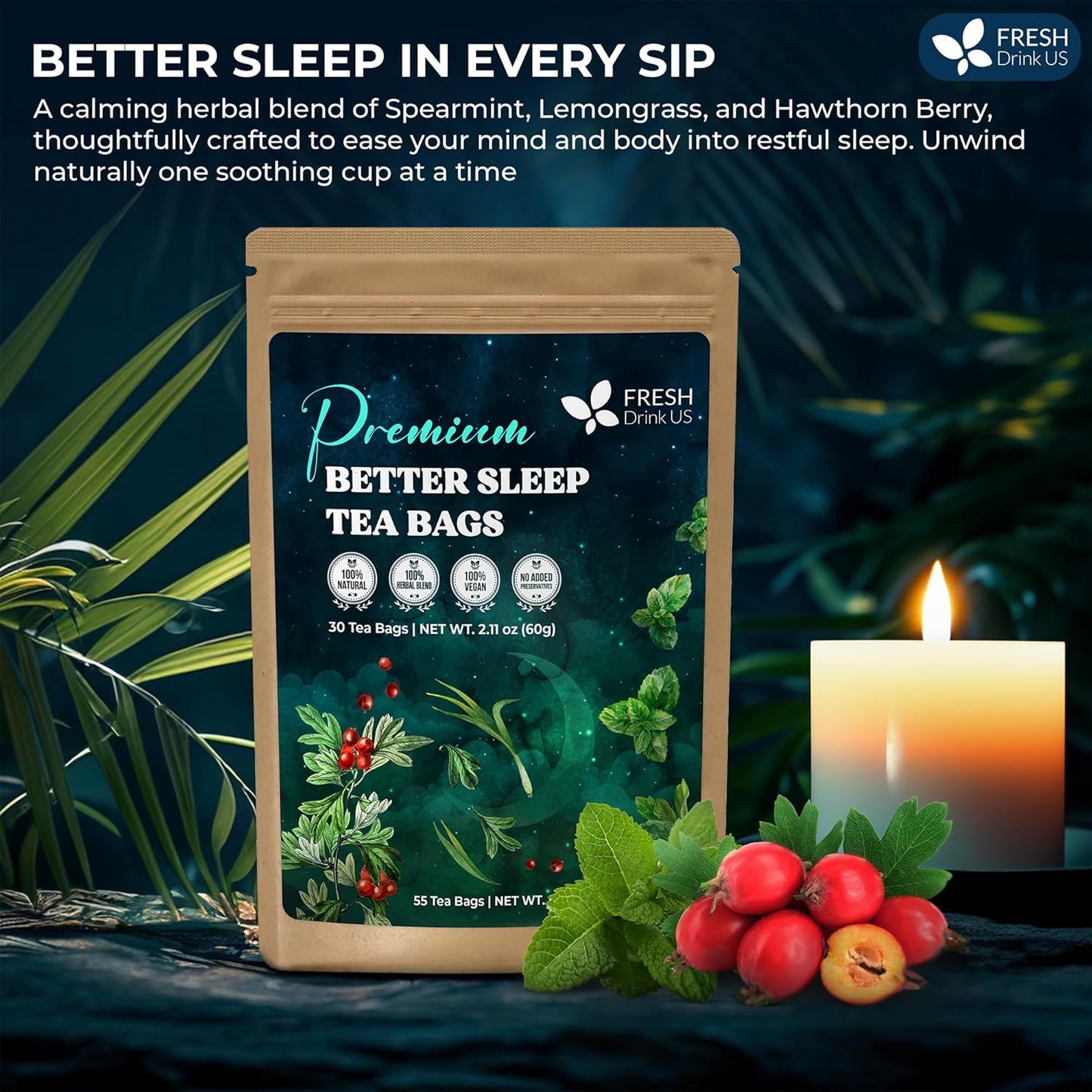 FreshDrinkUS, Premium 75 Tea Bags Better Sleep Herbal Tea | Special Herbal Sleep Tea, Caffeine-Free Loose Leaf Blend with Spearmint Leaves, Lemongrass Leaves, and Hawthorn Berry – Naturally Refreshing and Aromatic.