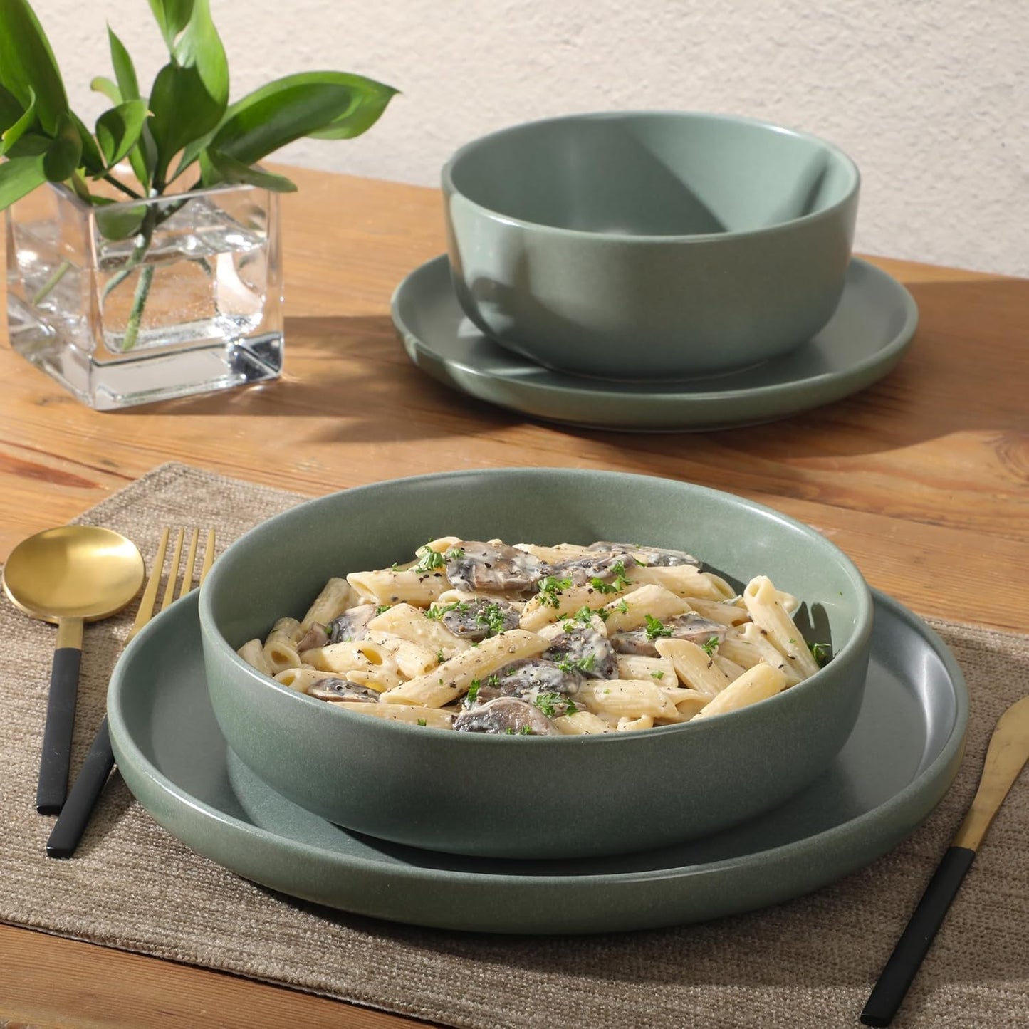 Gibson Elite Pasco 16 Piece (Service for 4) Plates and Bowls Double Bowl Reactive Glaze Dishes Stoneware Ceramic Dinnerware Set - Green