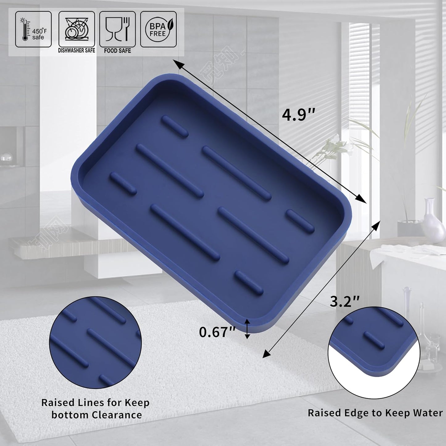 Silicone Kitchen Sink Organizer Tray for Multiple Usage,Easy Clean Sponges Holder for Kitchen Bathroom Counter or Sink,Dish Soap Dispenser,Scrubber,Bottle,Cup Navy Blue 4.9”x 3.2”