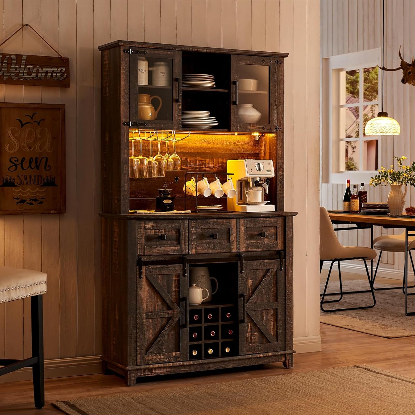 AMERLIFE 72'' Coffee Bar Wine Cabinet with Sliding Barn Door, Farmhouse Kitchen Sideboard, Buffet Storage Table, Wine Glass Racks, 3 Drawers, LED Lights, Tall Hutch Home Bar Dark Rustic Oak