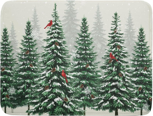 Winter Green Pine Tree Dish Drying Mat for Kitchen Counter,Red Bird Snowflake Drying Mat 18 x 24 Inch with High Absorbent Microfiber Drainer Mat for Coffee Bar