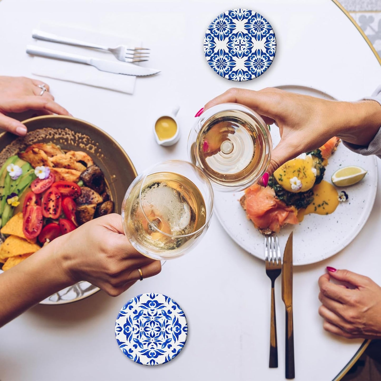 Drink Coasters Set of 6 with Holder, Handpainted Blue Pattern Absorbent Ceramic Coasters with Cork Base,Fit All Cups,Great Gift for Housewarming,Room Decor,Bar,Holiday Party