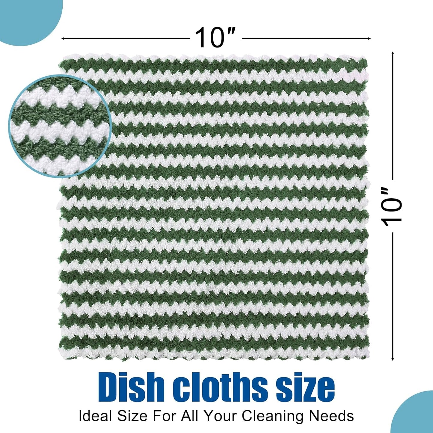 Homaxy 12 Pack Kitchen Dish Cloths, Ultra Soft and Absorbent Dish Towels, Reusable Fast Drying Microfiber Cleaning Cloth, Coral Velvet Wave Design No-lint, 10 x 10 inches, Grass Green