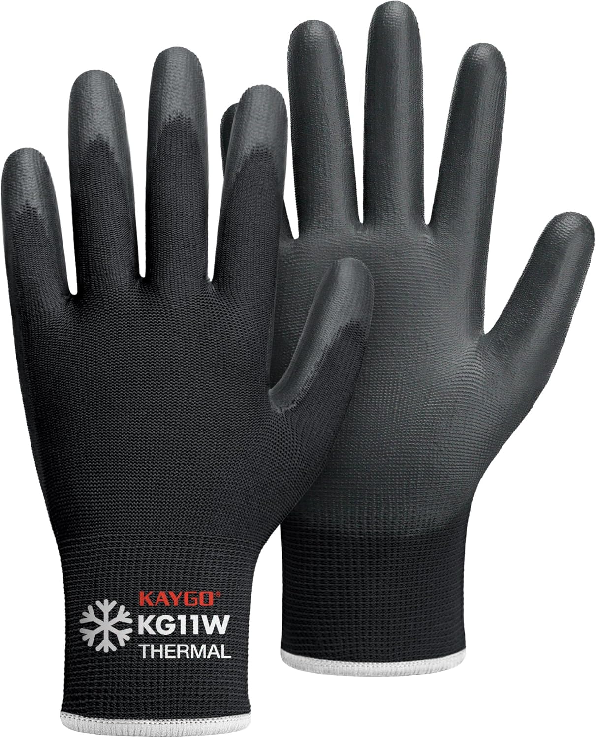 KAYGO Winter Work Gloves for Men and Women, 12 Pairs Thermal Insulated Safety Work Gloves PU Coated, Smooth Grip on Palm & Fingers,Ideal for Freezer Work,Black,XL