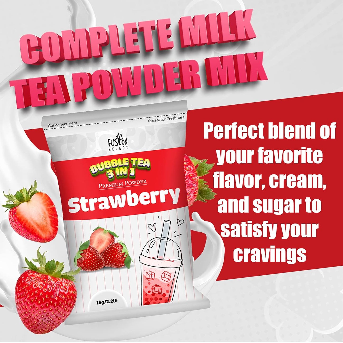 Fusion Select 2.2lb Boba Milk Tea Flavored-3-in-1 Drink Powder with Cream & Sugar - Instant Pre-Mixed Beverage for Hot or Cold Blends or Yummy Frappes