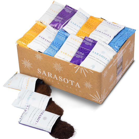 Sarasota Coffee Ground Packets | Gift Set Assorted Variety Sampler Packs | Medium, Colombian, & Dark Roast | Gourmet Low Acid Mold Free Individual Pouches for 12 Cup Coffee Maker | 2 Oz Bags, 36 Count
