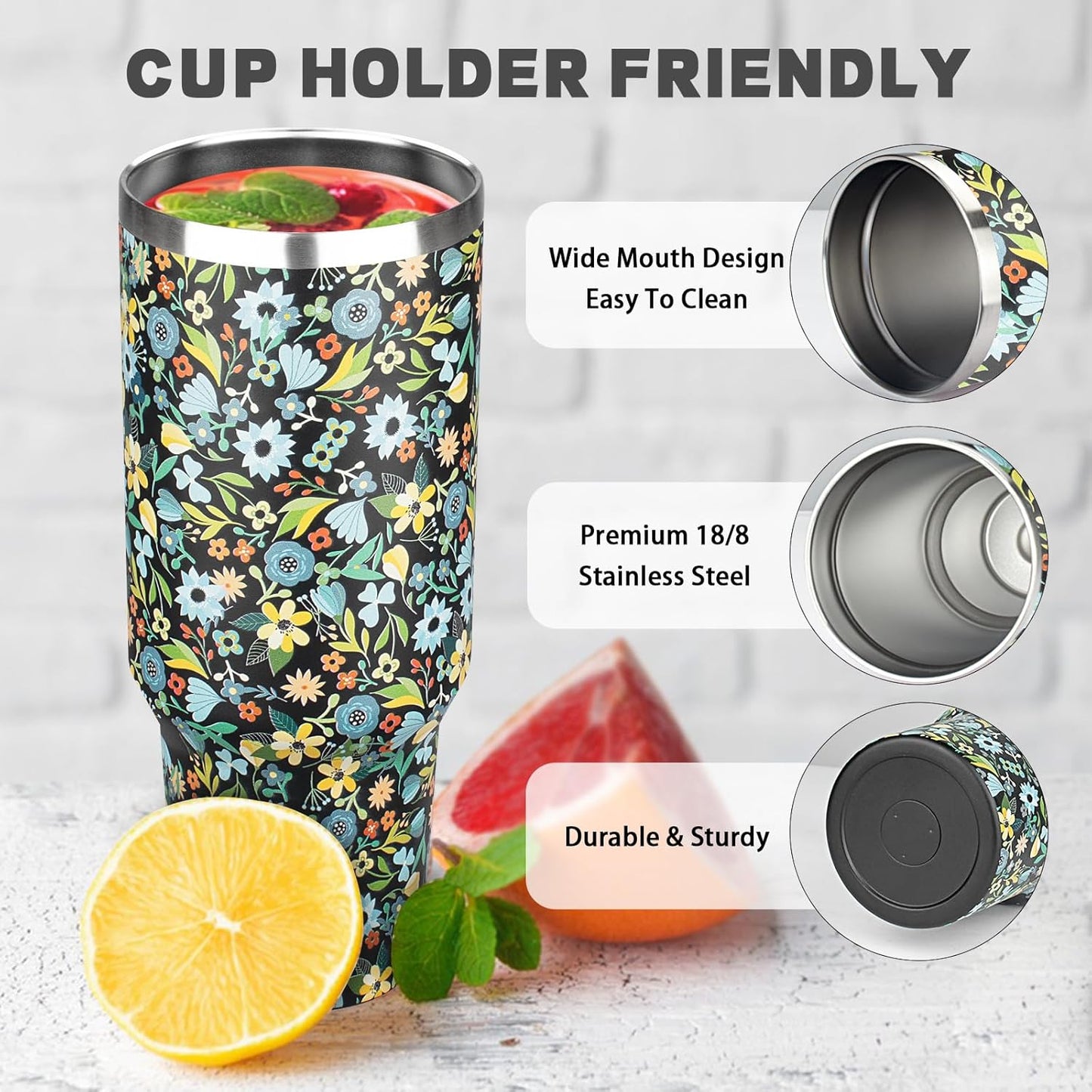 40 oz Tumbler with Lids and Straws, Stainless Steel Insulated Coffee Tumbler, Double Wall Vacuum Insulated Travel Mug Cup, Leakproof Thermal Coffee Cup for Hot and Cold Drinks (Blue Flower)